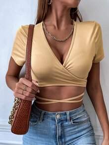 SHEIN SXY 素色交叉後綁帶短款上衣 - 杏色 - 查看 3