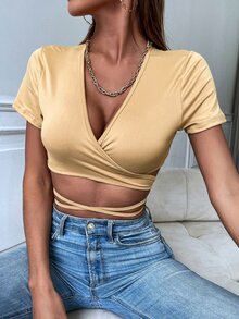 SHEIN SXY 素色交叉後綁帶短款上衣 - 杏色 - 查看 4