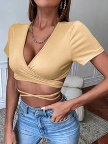 SHEIN SXY 素色交叉後綁帶短款上衣 - 杏色 - 查看 5