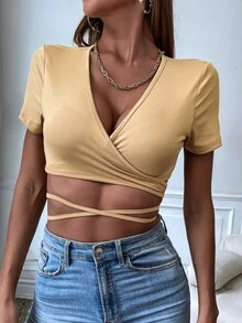 SHEIN SXY 素色交叉後綁帶短款上衣 - 杏色 - 查看 6
