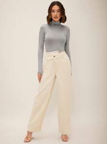 SHEIN BAE Mock Neck Long Sleeve Bodysuit - Light Grey - View 3