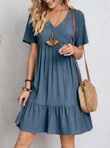 Vestido smock bajo con fruncido unicolor escote V - Neblina azul - Ver 1
