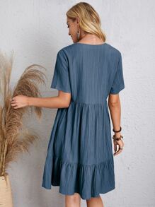 Vestido smock bajo con fruncido unicolor escote V - Neblina azul - Ver 2