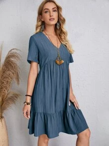 Vestido smock bajo con fruncido unicolor escote V - Neblina azul - Ver 4