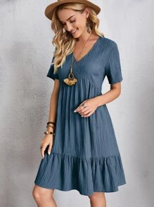Vestido smock bajo con fruncido unicolor escote V - Neblina azul - Ver 5
