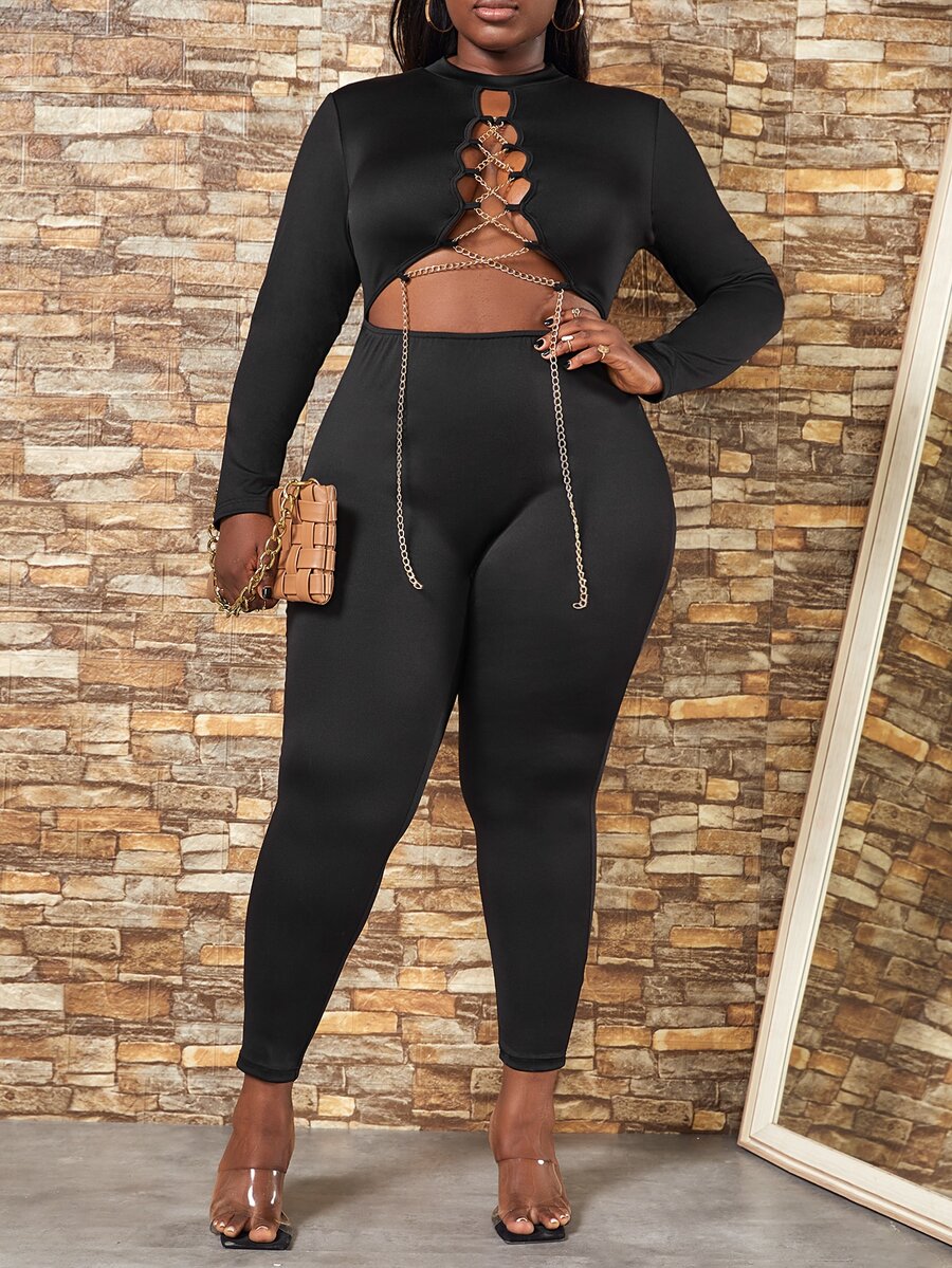 SHEIN SXY Plus Cut Out Chain Lace Up Front Unitard Jumpsuit - Black - View 1