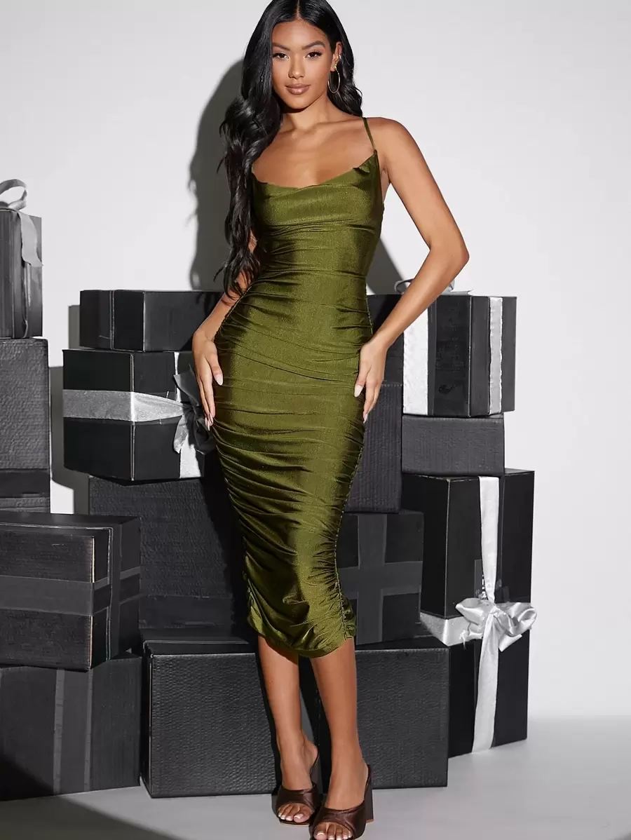 SHEIN BAE Lace Up Slit Back Draped Collar Ruched Cami Dress - Olive Green - View 1