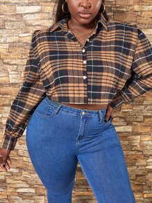 SHEIN SXY 大碼格紋印花燈籠袖襯衫 - 彩色 - 查看 1