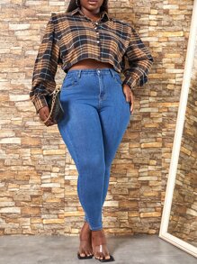 SHEIN SXY 大碼格紋印花燈籠袖襯衫 - 彩色 - 查看 5