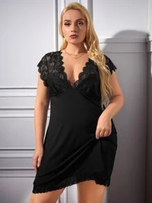 Đầm mặc nhà Kích Thước Lớn Tương phản ren màu trơn Giải trí - màu đen - Xem 1