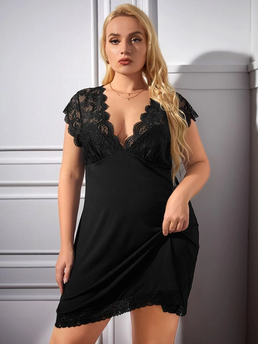 Đầm mặc nhà Kích Thước Lớn Tương phản ren màu trơn Giải trí - màu đen - Xem 1