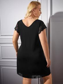 Đầm mặc nhà Kích Thước Lớn Tương phản ren màu trơn Giải trí - màu đen - Xem 2