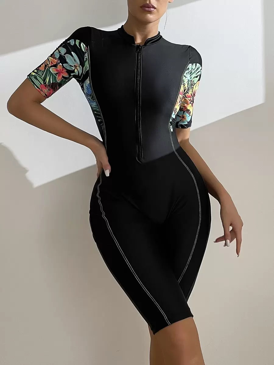 Swim SPRTY Summer Beach Tropical Print Zipper One Piece Swimsuit