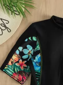 Swim SPRTY Summer Beach Tropical Print Zipper One Piece Swimsuit