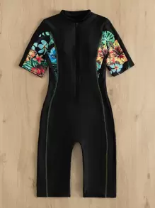 Swim SPRTY Summer Beach Tropical Print Zipper One Piece Swimsuit