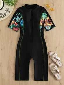 Swim SPRTY Summer Beach Tropical Print Zipper One Piece Swimsuit