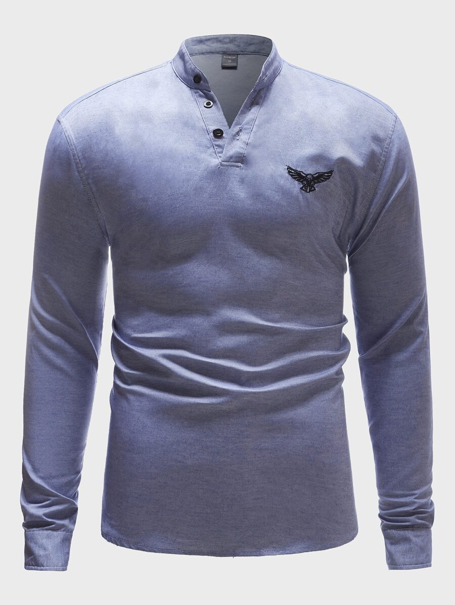 Manfinity Homme 男士鷹刺繡四分之一按鈕襯衫