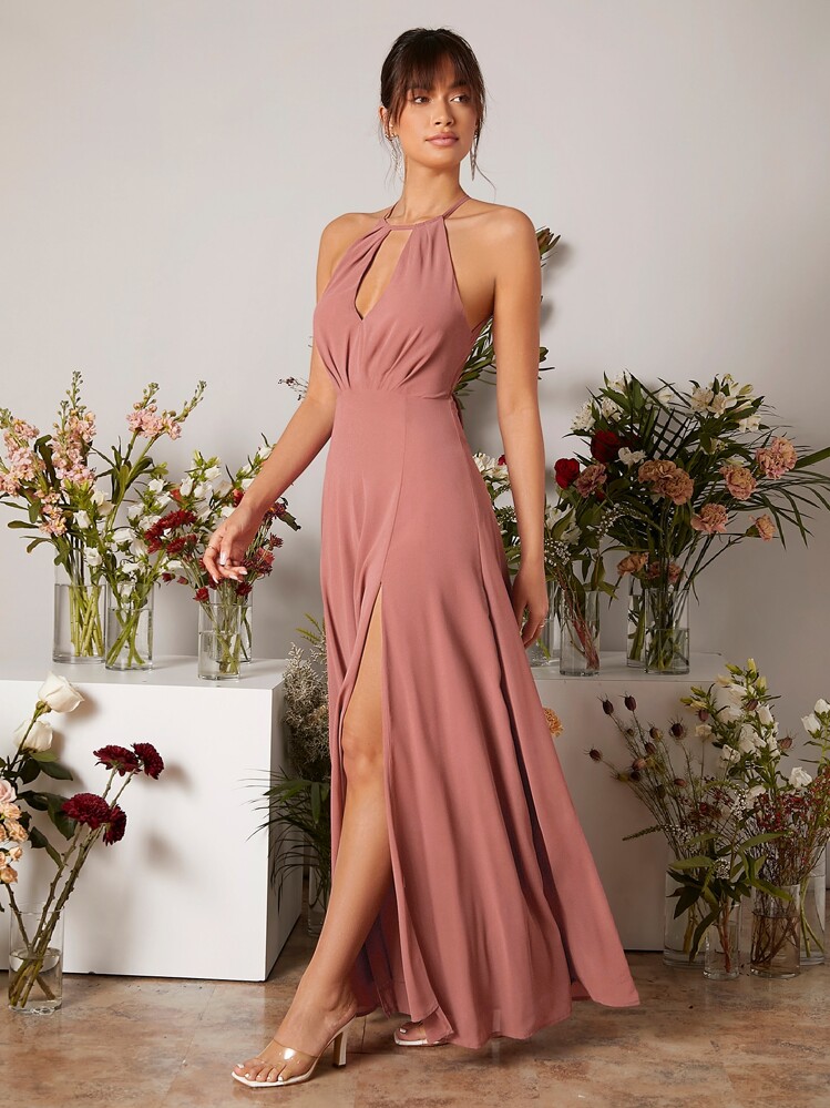 SHEIN Belle Slit Thigh Keyhole Halter Neck Tie Back Chiffon Bridesmaid Dress, Wedding Bridal Dress - Dusty Pink - View 4