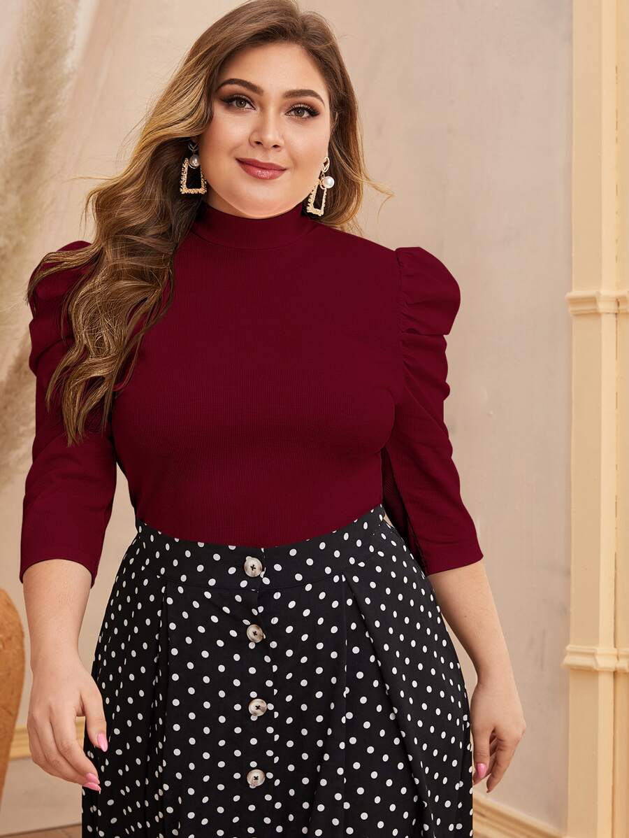 Modelyn Plus Size 3/4 Sleeve T-Shirt, Curve Elegant Spring/Summer Top - Burgundy - View 1