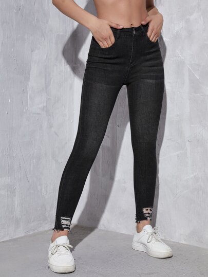 Ripped Raw Hem Skinny Jeans