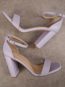 Faux Leather Buckled Ankle Strap Block Heels - Lilac Purple - View 2