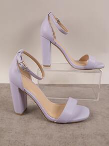 Faux Leather Buckled Ankle Strap Block Heels - Lilac Purple - View 3