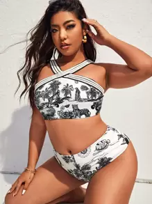 Conjunto de bikini de talla grande con estampado tropical para verano en la playa - Blanco y Negro - Ver 1