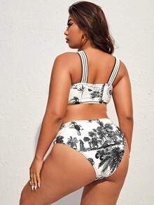 Conjunto de bikini de talla grande con estampado tropical para verano en la playa - Blanco y Negro - Ver 2