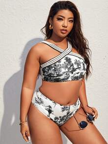 Conjunto de bikini de talla grande con estampado tropical para verano en la playa - Blanco y Negro - Ver 3