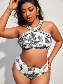 Conjunto de bikini de talla grande con estampado tropical para verano en la playa - Blanco y Negro - Ver 4