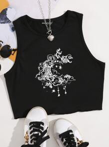 月亮和雲朵印花背心上衣 - 黑色 - 查看 1