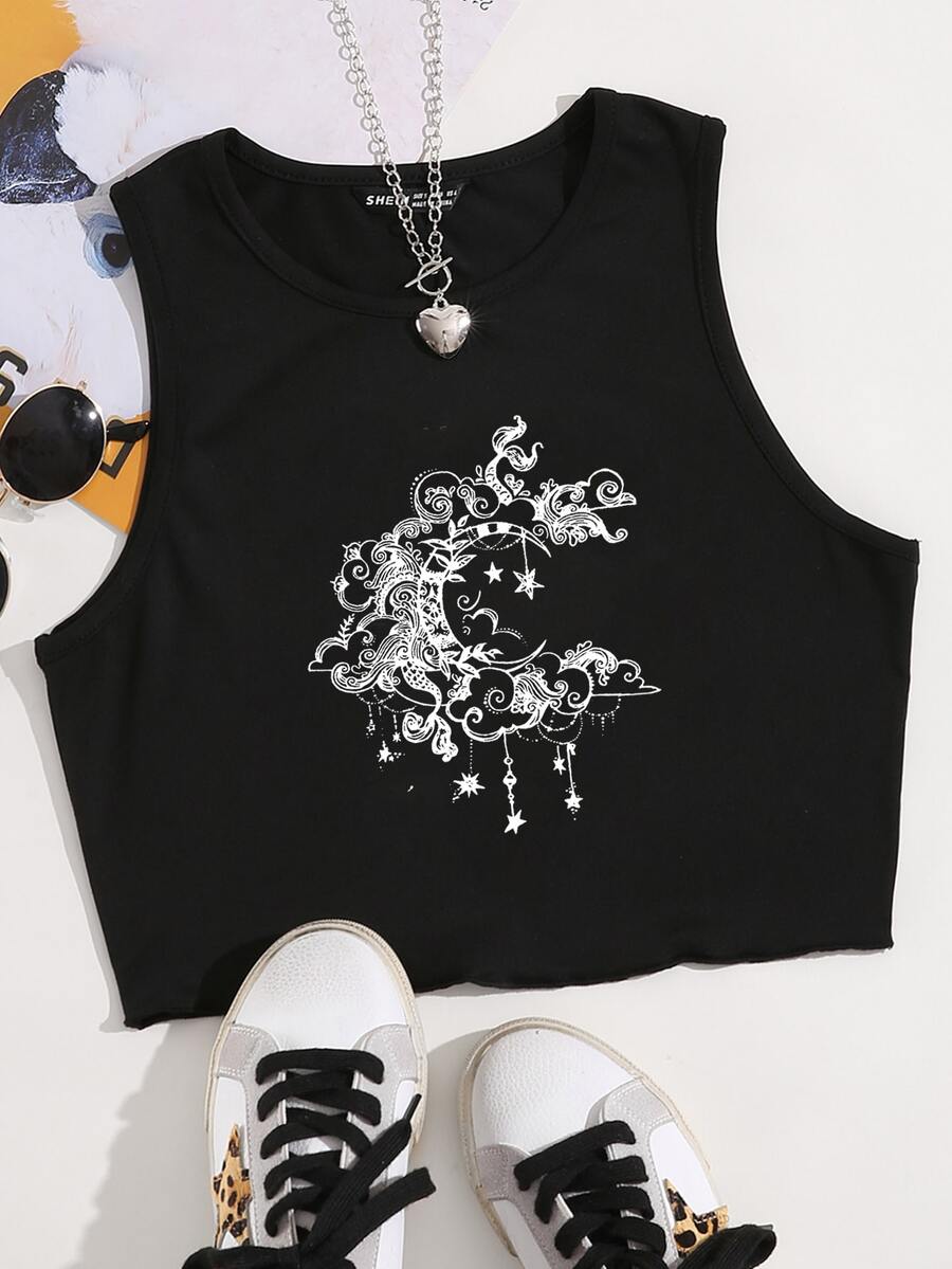 月亮和雲朵印花背心上衣 - 黑色 - 查看 1