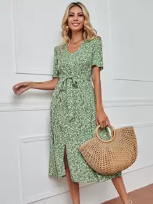 小碎花假鈕扣開衩前繫腰帶洋裝 - 薄荷綠 - 查看 1
