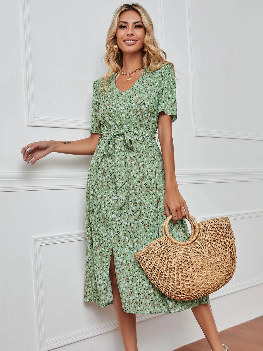 小碎花假鈕扣開衩前繫腰帶洋裝 - 薄荷綠 - 查看 1