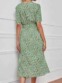 小碎花假鈕扣開衩前繫腰帶洋裝 - 薄荷綠 - 查看 2