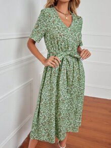 小碎花假鈕扣開衩前繫腰帶洋裝 - 薄荷綠 - 查看 5