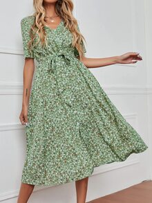 小碎花假鈕扣開衩前繫腰帶洋裝 - 薄荷綠 - 查看 6