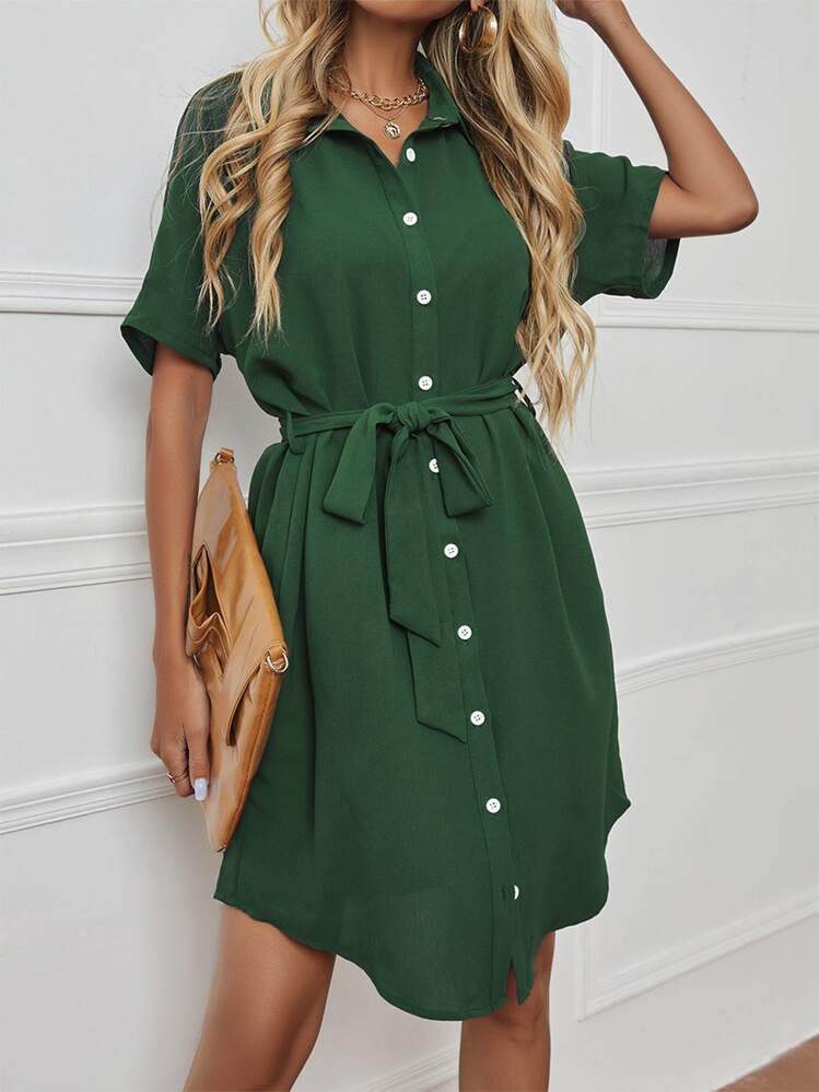 SHEIN LUNE Dolman Sleeve Belted Shirt Dress - Dark Green - View 1