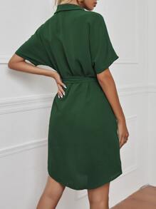 SHEIN LUNE Dolman Sleeve Belted Shirt Dress - Dark Green - View 2