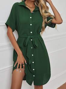 SHEIN LUNE Dolman Sleeve Belted Shirt Dress - Dark Green - View 4