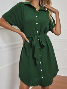 SHEIN LUNE Dolman Sleeve Belted Shirt Dress - Dark Green - View 5