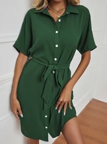 SHEIN LUNE Dolman Sleeve Belted Shirt Dress - Dark Green - View 6