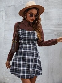 Đầm Nút phía trước Sọc ca rô Giải trí - Nhiều màu - Xem 7