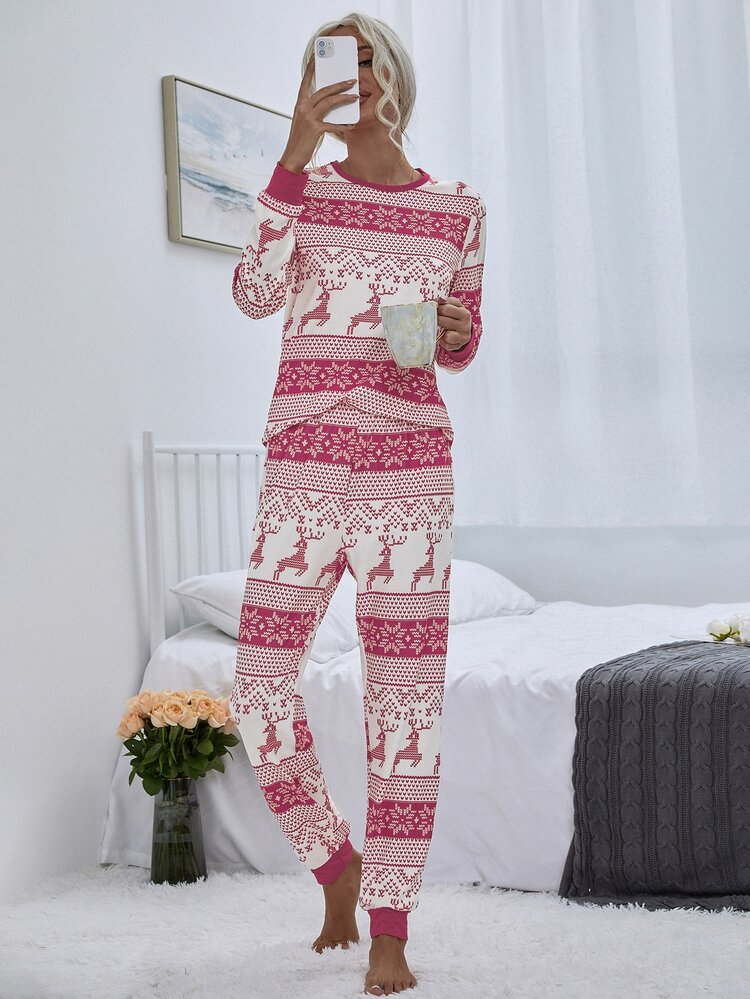 Christmas Deer Print Pyjama Set - Red and White - View 3