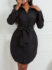 SHEIN Unity 弧形下擺腰帶襯衫洋裝