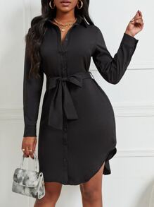 SHEIN Unity 弧形下擺腰帶襯衫洋裝