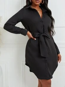 SHEIN Unity 弧形下擺腰帶襯衫洋裝