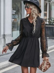 Vestido con encaje en contraste de manga con volante ribete con fruncido - Negro - Ver 3