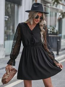 Vestido con encaje en contraste de manga con volante ribete con fruncido - Negro - Ver 5