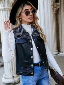 Áo khoác nữ Nút phía trước Sọc ca rô Giải trí - màu đen - Xem 5